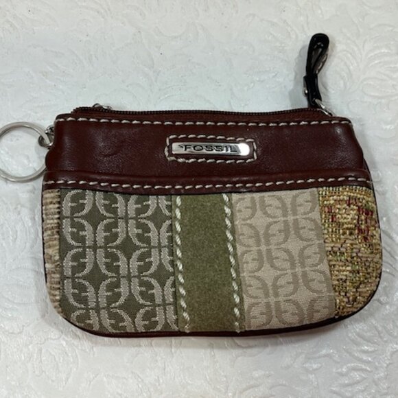 Fossil Signature ID Zip Wallet Change Purse Brown, Beige, Green 4.75"x3.25" - Picture 3 of 7